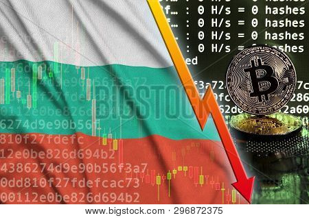 Bulgaria Flag And Falling Red Arrow On Bitcoin Mining Screen And Two Physical Golden Bitcoins