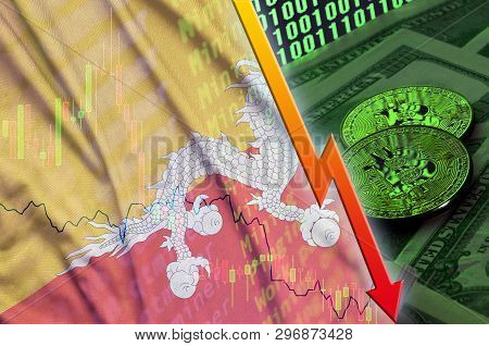 Bhutan Flag And Cryptocurrency Falling Trend With Two Bitcoins On Dollar Bills And Binary Code Displ
