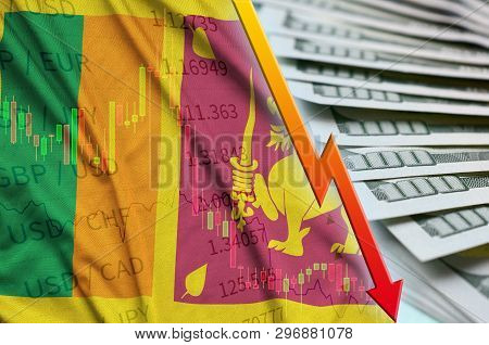 Sri Lanka Flag And Chart Falling Us Dollar Position With A Fan Of Dollar Bills