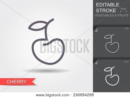 Single Cherry With A Leaf, Isolated Vector Illustration With Editable Stroke