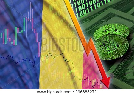 Chad Flag And Cryptocurrency Falling Trend With Two Bitcoins On Dollar Bills And Binary Code Display