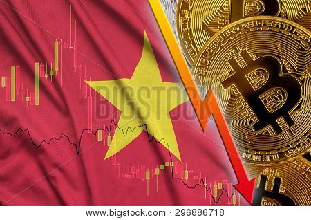 Vietnam Flag And Cryptocurrency Falling Trend With Many Golden Bitcoins