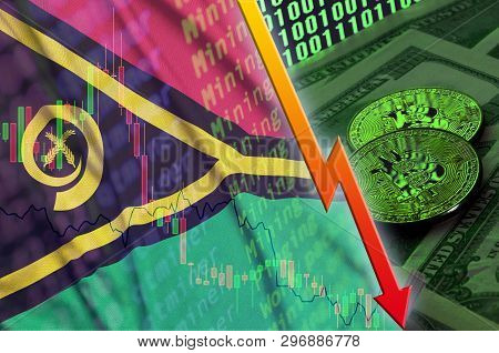 Vanuatu Flag And Cryptocurrency Falling Trend With Two Bitcoins On Dollar Bills And Binary Code Disp
