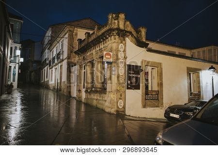 Sarria, Spain - April 6th, 2019: Perspective Of A Popular Street In Sarria Village Center During Nig