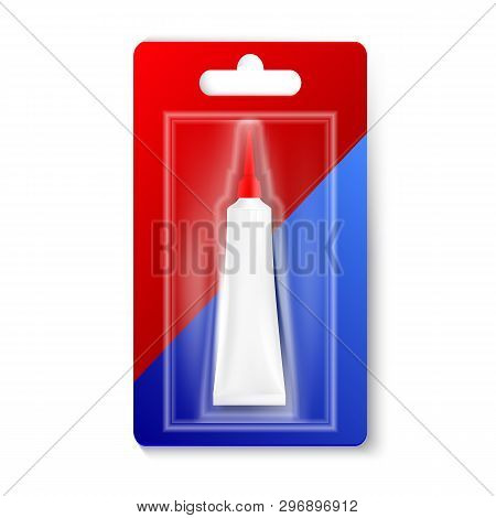 White Glossy Metal Tube In Colorful Blister Vector. Realistic Glue Tube In Blue And Red Packaging An