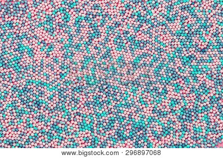 Colorful Nonpareils Cake Candy Sprinkles Textured Pattern Background In Flat Lay With Copy Space. Pa