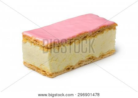 Single Dutch Tompouce pastry with pink icing close up isolated on white background