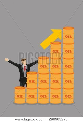 Businessman Stands Behind Stacks Of Oil Barrels With An Arrow Pointing Upwards. Cartoon Vector Illus