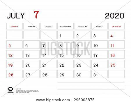 July 2020 Year Template, Calendar 2020 Vector, Desk Calendar Design, Week Start On Sunday, Planner, 