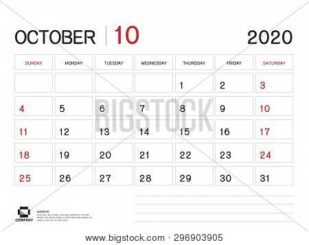 October 2020 Year Template, Calendar 2020 Vector, Desk Calendar Design, Week Start On Sunday, Planne