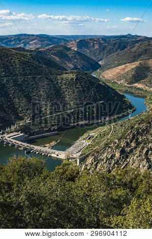 Valeira Dam And Surrounding Landscape Near The Village Of Sao Joao Da Pesqueira, Portugal. Concept F