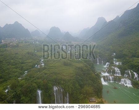 Panorama View Of Beautiful Waterfall. Ban Gioc Waterfall, Detian Waterfall Are Waterfalls In Border 