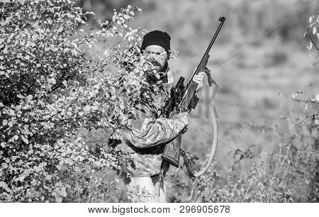 Man Hunter With Rifle Gun. Boot Camp. Military Uniform Fashion. Bearded Man Hunter. Army Forces. Cam