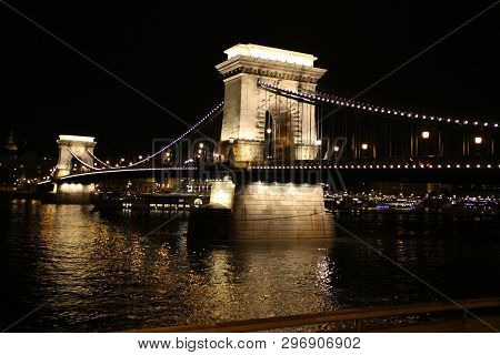 Chain Bridge In Budapest And Black Hight River