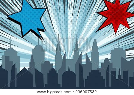 Comic Cityscape Bright Explosive Concept With City Silhouette Radial Rays Halftone Humor Effects Blu