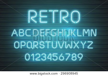 Light Neon Font Letter Set. Bar Sign Vector Type. Glowing Casino And Cinema Red Text Alphabet On Woo