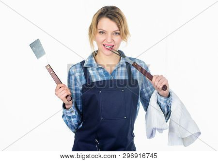 Picnic And Barbecue. Cooking Meat In Park. Barbecue Master. Woman Checkered Shirt And Apron For Cook