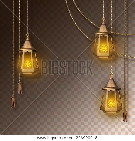 Arabic Shining Lamps. Ramadan Kareem Background. Hanging Candle Copper Lanterns On Transparent Backg