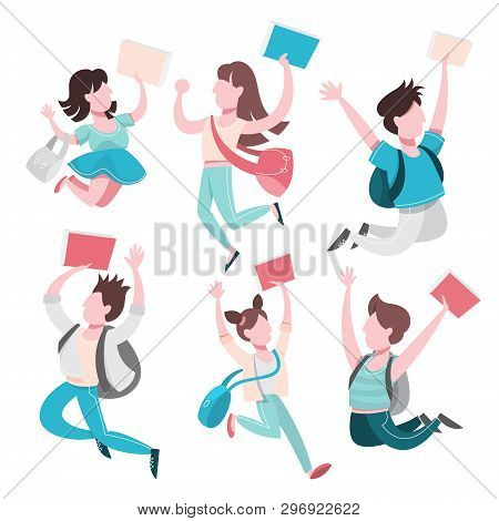 School Children Set. Collection Of Kid Jumping And Having Fun