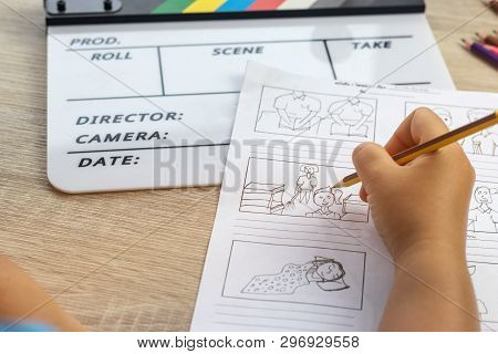 Storyboard Drawing With Pencil Creative Sketch Cartoon. Storyboarding Is Process Image Displayed In 