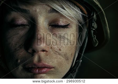 No Tears And No Fear Anymore. Close Up Portrait Of Young Female Soldier. Woman In Military Uniform O