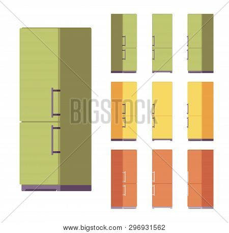 Fridge Set, Kitchen Equipment. Refrigerator To Keep Cool, Appliance To Store Food And Drink Fresh. V