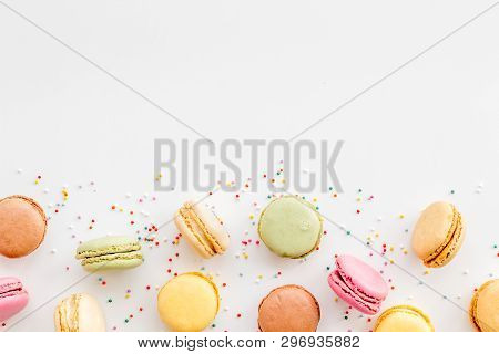 Brignt Macarons For Sweet Break On White Background Top View Mock Up