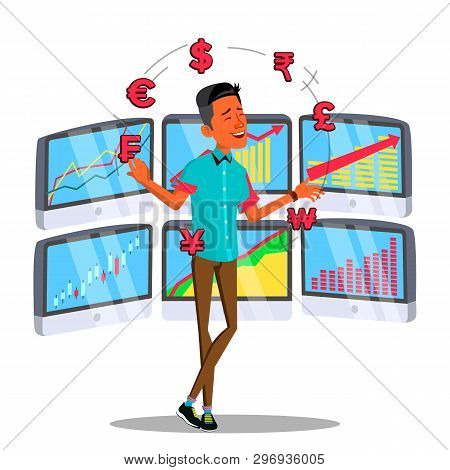 Character Online Trader Juggles Currency Vector. Successful Happy Young Businessman Trader. Stock Ex