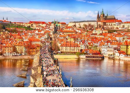 View Of Charles Bridge, Prague Castle And Vltava River In Prague, Czech Republic From Above. Nice Su