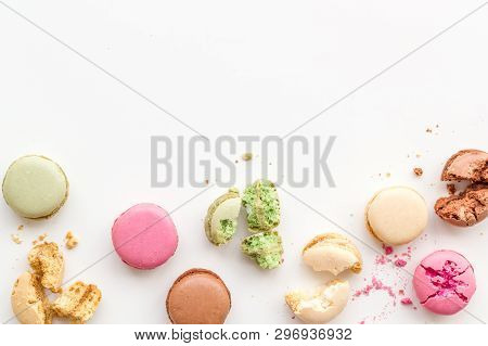 Brignt Macarons For Sweet Break On White Background Top View Mock Up
