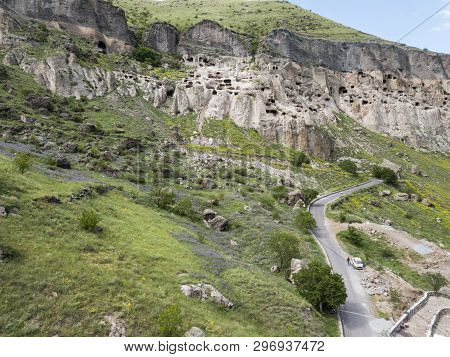 Aerial View To Vardzia Cave Monastery - Excavated From Erusheti Mountain On The Left Bank Of The Mtk