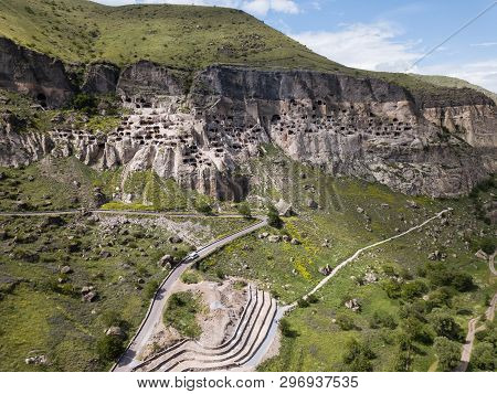 Aerial View To Vardzia Cave Monastery - Excavated From Erusheti Mountain On The Left Bank Of The Mtk