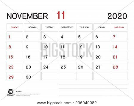 November 2020 Year Template, Calendar 2020 Vector, Desk Calendar Design, Week Start On Sunday, Plann