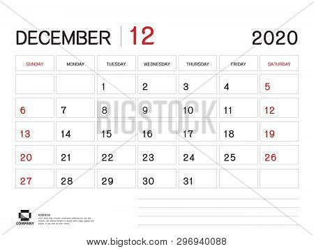 December 2020 Year Template, Calendar 2020 Vector, Desk Calendar Design, Week Start On Sunday, Plann