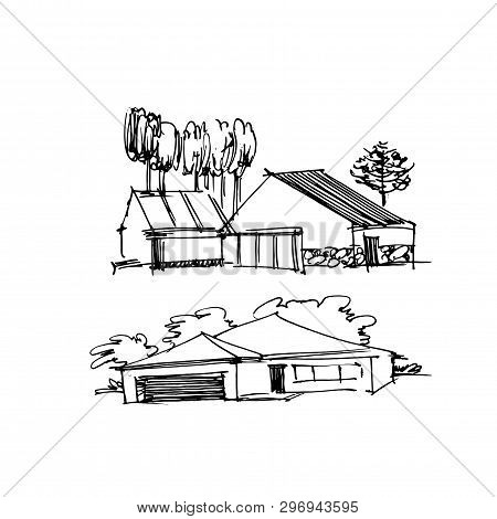 Rural Sketch Andscape. Vector Illustration. Ink Hand Drawing Landscape.