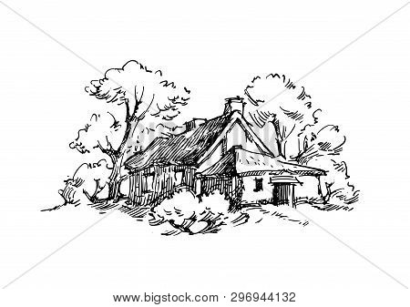 Rural Sketch Andscape. Vector Illustration. Ink Hand Drawing Landscape.