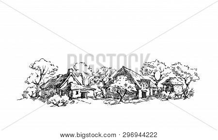 Rural Sketch Andscape. Vector Illustration. Ink Hand Drawing Landscape.