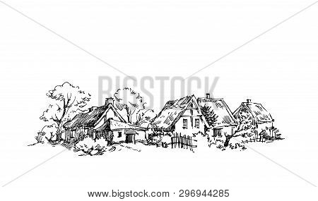 Rural Sketch Andscape. Vector Illustration. Ink Hand Drawing Landscape.