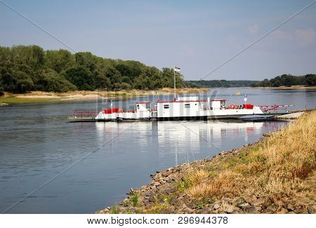 Ferry Crosses The Elbe With Cars, Views Of The River Elbe