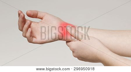 Millennials Disease. Young Woman Suffering From Carpal Tunnel Syndrome, Touching Painful Wrist, Pano