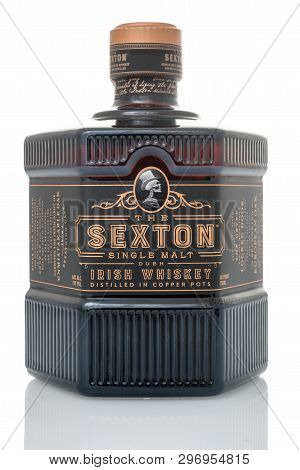 Winneconne, Wi -  19 April 2019: A Bottle Of The Sexton Single Malt Irish Whiskey Distelled In Coppe