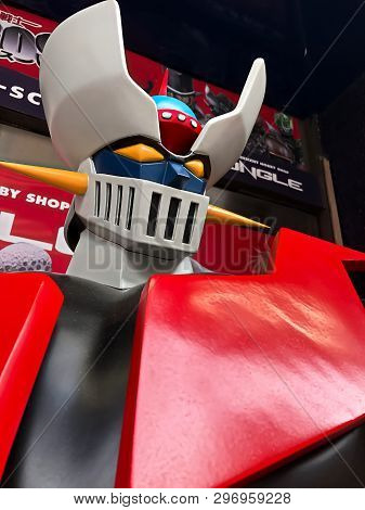 Osaka, Japan - Apr 2019 - Close Up Of Vintage Statue Of Amazing Mazinger Z Robot In Toys Shop.