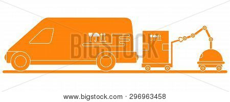 Vector Illustration With Robot Loader Loads Boxes Into A Car. Automation Warehouse Processes. Smart 