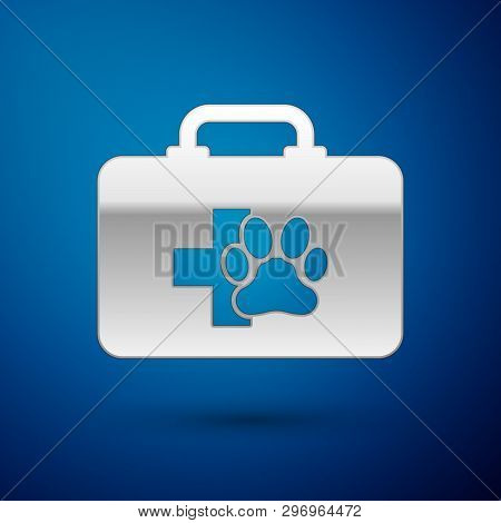 Silver Pet First Aid Kit Icon Isolated On Blue Background. Dog Or Cat Paw Print. Clinic Box. Vector 