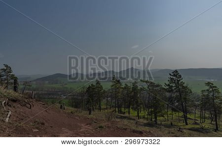 Landscape From Castle Gleichen In Germany With Blue Sky In Spring Fog Day
