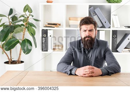 Ready To Hear Your Opinion. Report And Complaint Concept. Man Bearded Hipster Boss Looking At You Wi
