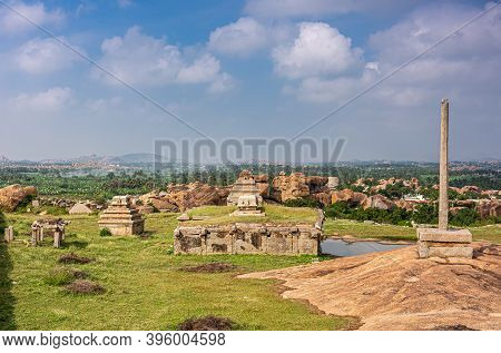 Hampi, Karnataka, India - November 4, 2013: Sunset Hill Aka Hemakatu. Down Hill  Temple Ruins And Pi
