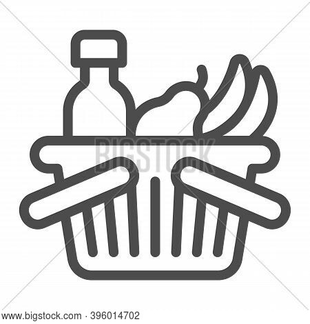 Basket With Bottle And Fruits Line Icon, Black Friday Concept, Shop Basket Sign On White Background,