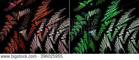 Set Of Abstract Fractal Backgrounds With Stylized Animal Skins. Red And Green Zigzag Shapes Are Arra