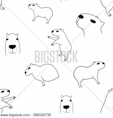 Funny Seamless Pattern With Cute Capybaras In Different Poses On A White Background Linart